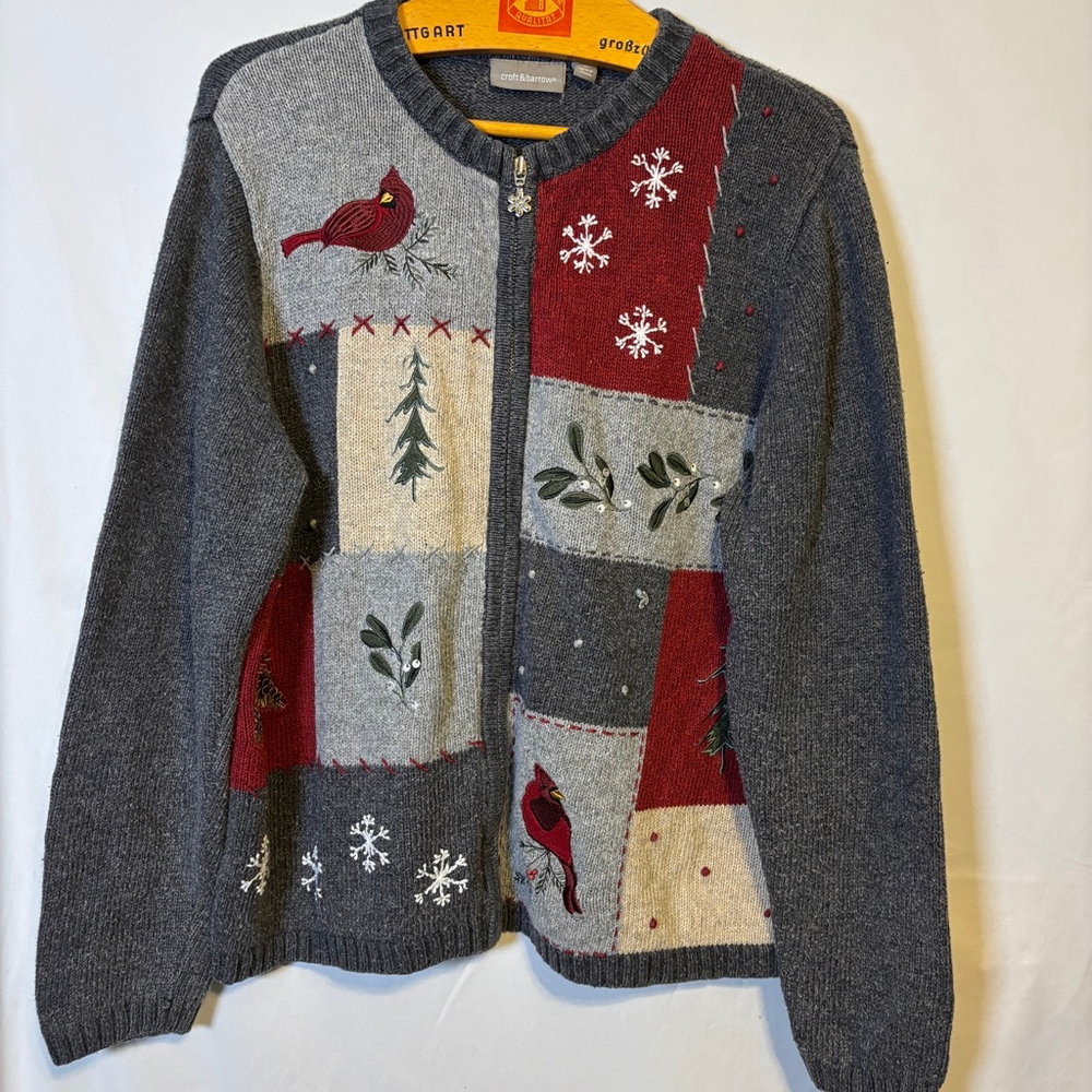 Croft & Barrow Patchwork Christmas Zip Cardigan Cardinal Snowflake Gray Size L